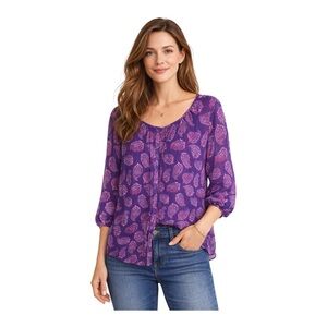 St. John’s Bay Sheer Purple Paisley Blouse 1X 3/4 Sleeve Pintuck Button Front